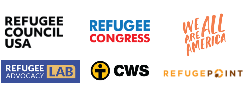 Refugee council USA, Congress, er are all America, CWS, Lab, Refugepoint logo