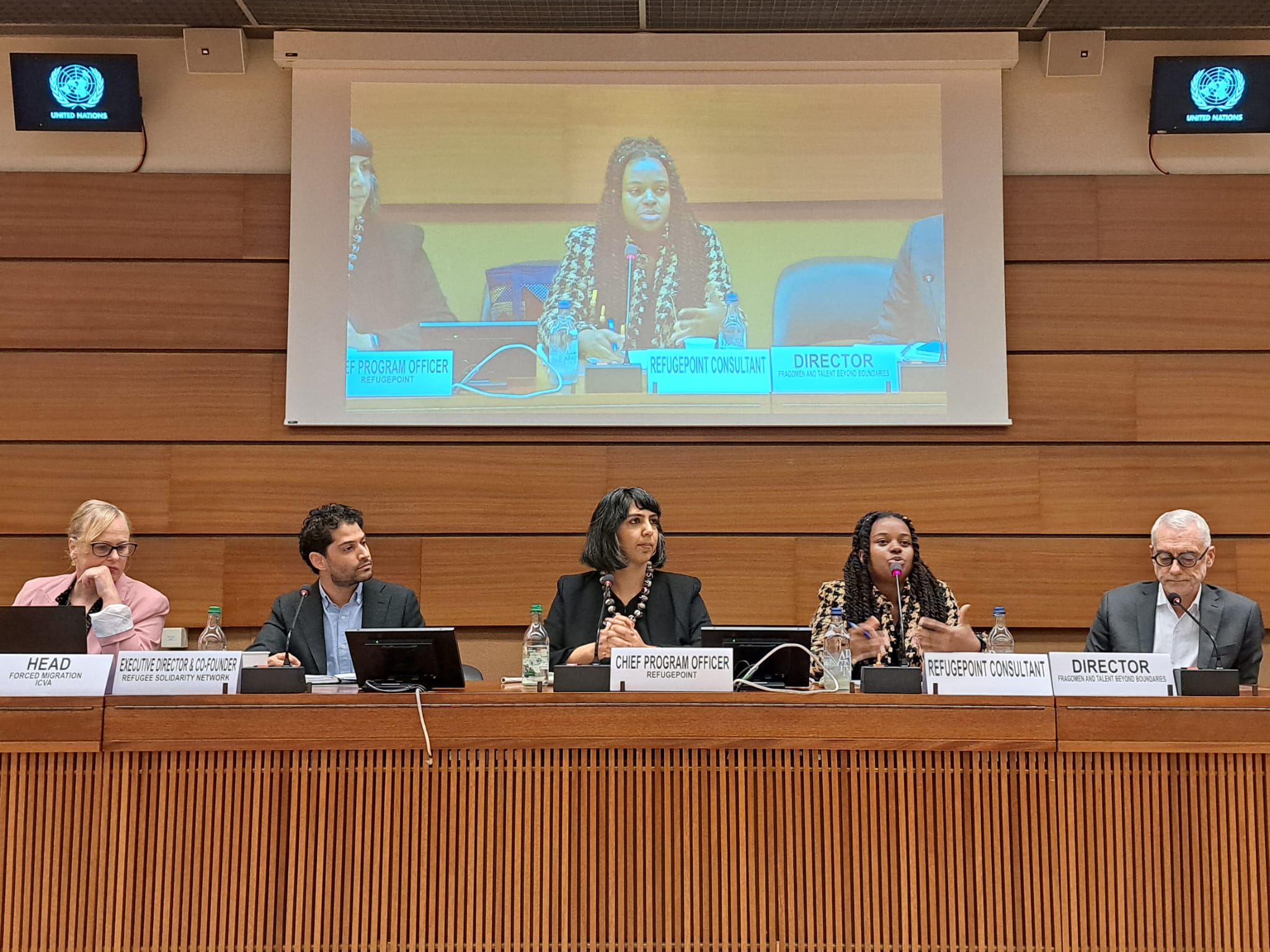 Bahati Ernestine, RefugePoint’s Labor Mobility Consultant (center-right) and former refugee, speaking at the Executive Committee of the High Commissioner’s Programme in Geneva.